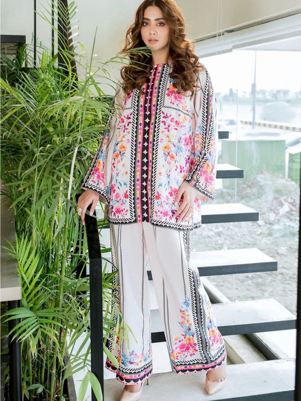 Floral Printed Two-Piece Set - White with Pink & Multi color print- Brand new